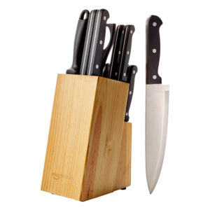 14-Piece High Carbon Stainless Steel Kitchen Knife Set with Sharpener and Pinewood Block, Black